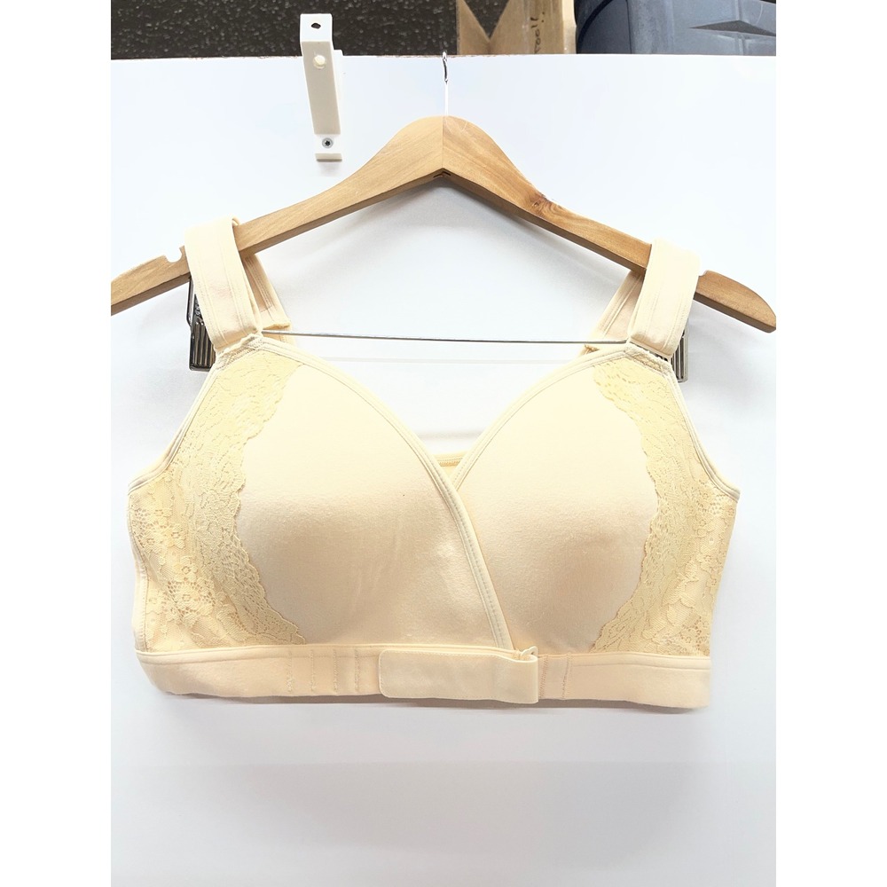 VeraComfort Wireless Lace Trim Bra Cream Beige Front Adjust Straps XL NWT
